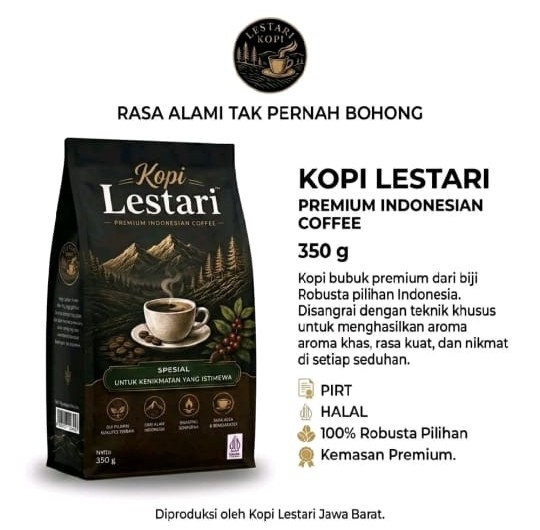 Kopi Lestari Premium 150 gram, 350 gram, 1.000 gram kopi robusta pilihan dari Bogor, Jawa Barat