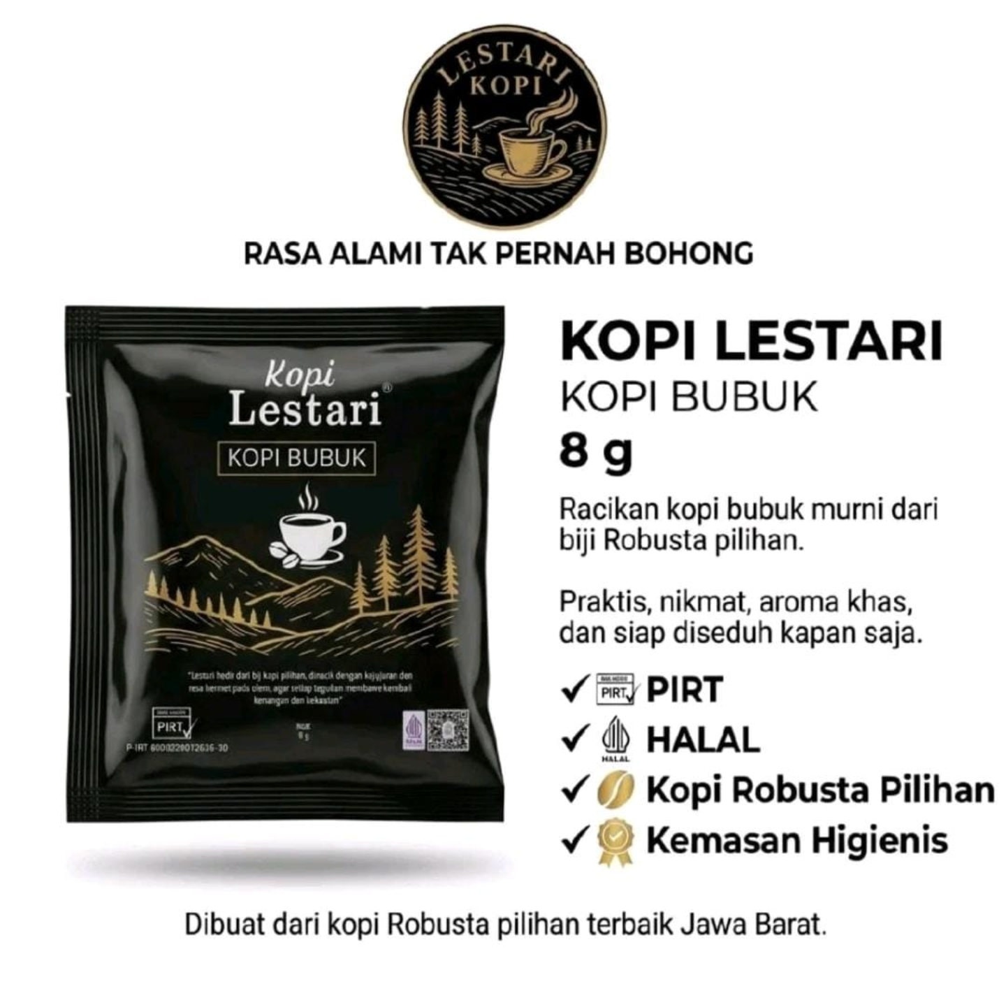 Kopi Lestari kopi bubuk robusta 8 gram dari Bogor, Jawa Barat